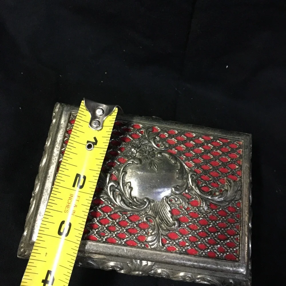 VTG Footed Metal Jewelry Trinket Box Silver Tone Filigree Red Velvet Lined Japan